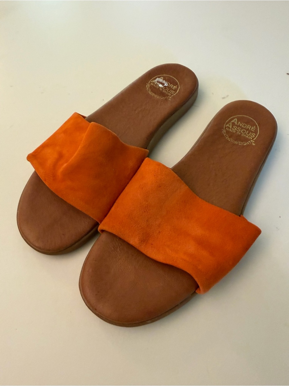 Andre Assous Orange Suede Slide Sandals